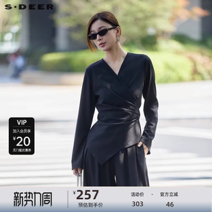 S24380509 衬衫 sdeer圣迪奥女装 OL风V领暗条纹解构长袖