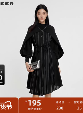 sdeer圣迪奥女装秋立领条纹收腰灯笼袖连衣裙S231Z1269