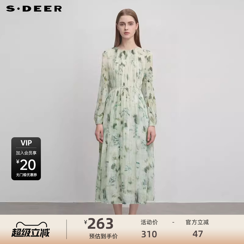 s.deer田园风风琴褶印花连衣裙