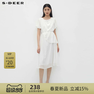 sdeer圣迪奥女装圆领收腰拼接雪纺喇叭袖连衣裙S232Z12H5