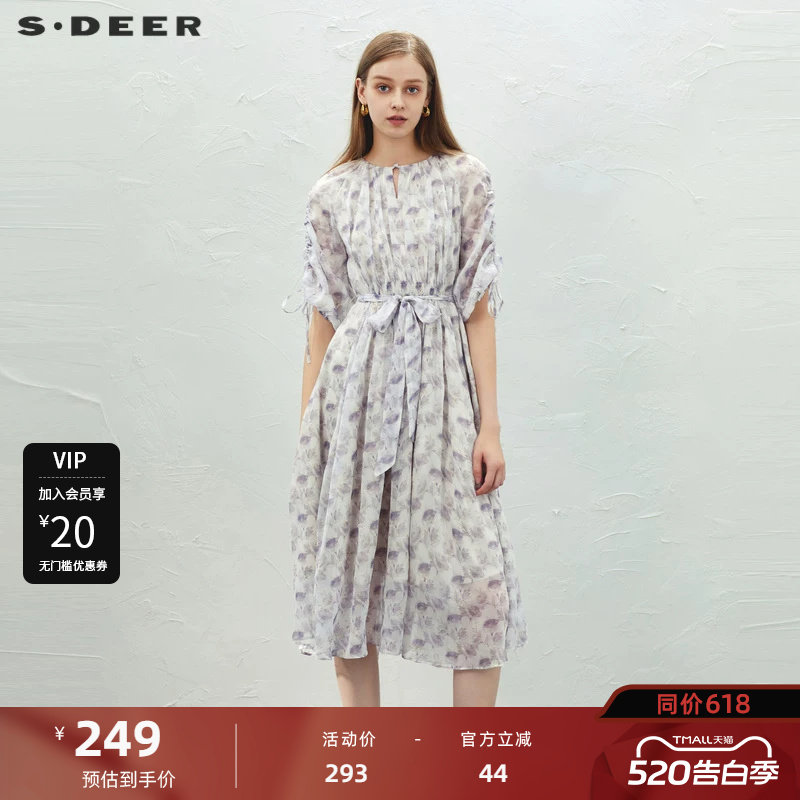 sdeer圣迪奥女装小清新圆领碎花收腰短袖连衣裙S232Z12J