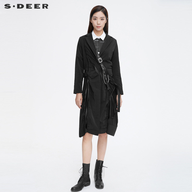 sdeer圣迪奥女装休闲西装领织带拼接不规则长款风衣S21381816