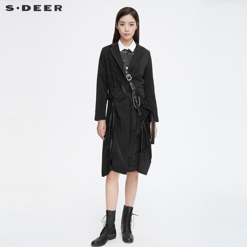 sdeer圣迪奥女装休闲西装领织带拼接不规则长款风衣S21381816