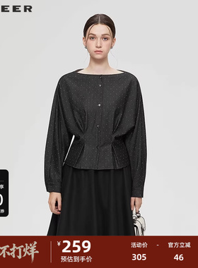 sdeer圣迪奥女装25年新品OL风圆领波点压褶长袖衬衫S253Z0572
