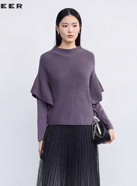 sdeer圣迪奥女装罗纹圆领拼接宽松针织衫S223Z35B4