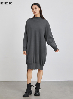 sdeer圣迪奥女装休闲圆领网纱拼接长款针织衫S223Z3565