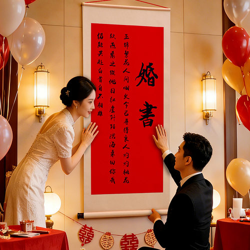网红巨型手拉下拉婚书卷轴