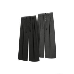 直筒垂感捏褶宽松休闲通勤长裤 AMBSOM条纹双腰纽扣系带剑道裤 西裤