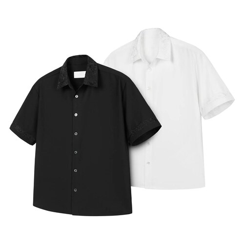 「AMBSOM粉丝内购价」 浮雕万针永生花刺绣短袖衬衫天然贝壳扣