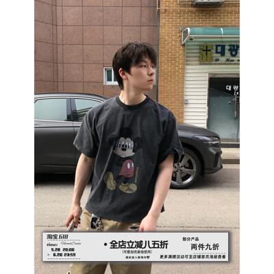 AMBSOM水洗印花短袖恶搞六眼老鼠创意印花T恤Vintage