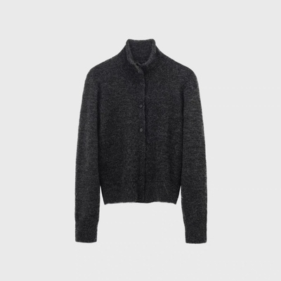 AMBSOM 羊毛混纺卷边开衫纽扣长毛毛织保暖高领针织开衫毛衣百搭