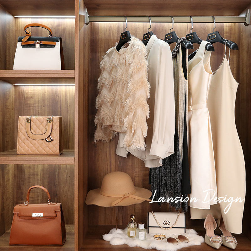 Static Shot of Model House Dressing Room, Clothes, Wardrobe, Furnishings, Soft Furnishings, Clothing, Modern Minimalist Shoes, Bags, Decorative Items