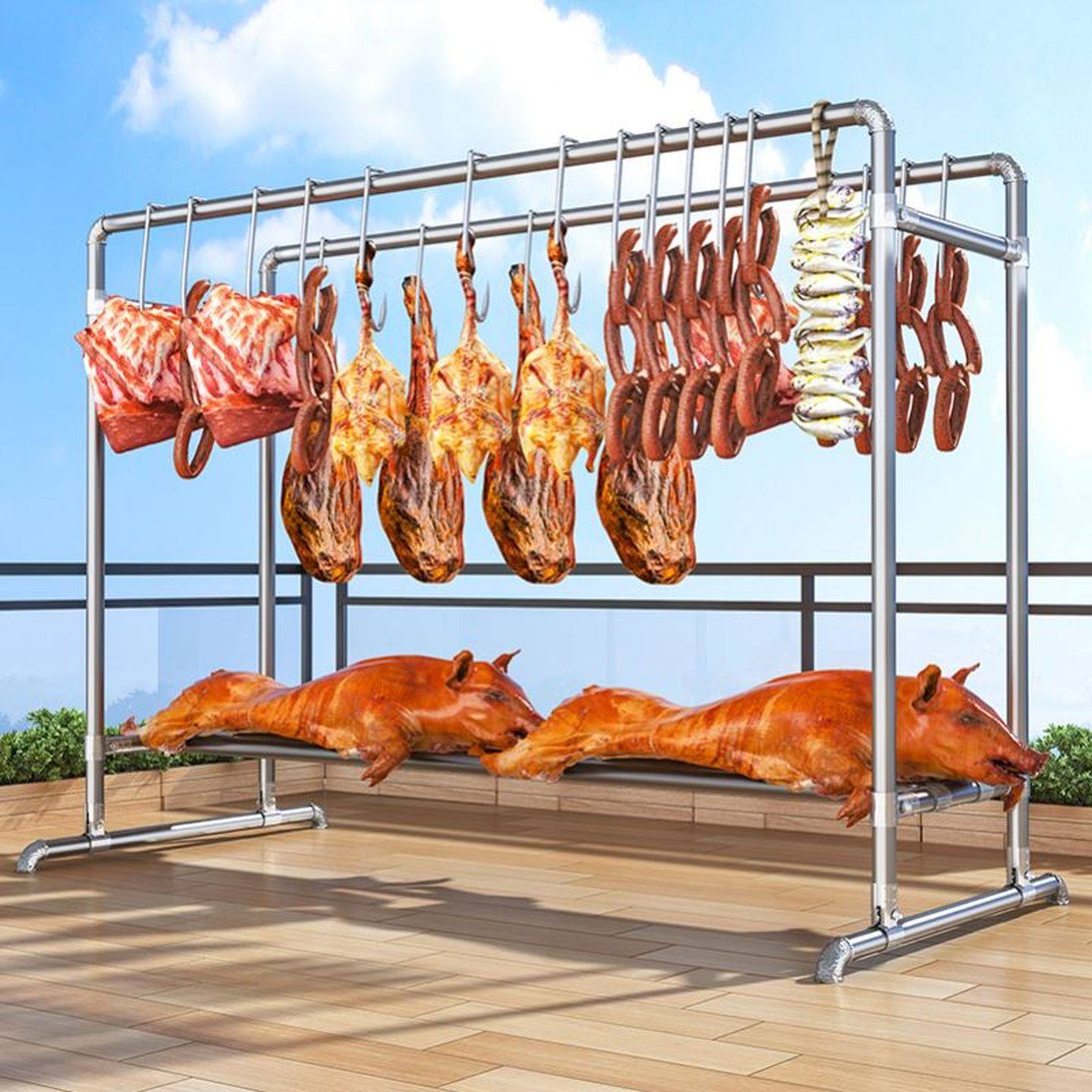 晒牛肉干神器挂肉专用架子落地家用晒腊肉烤鸭香肠羊熏肉户外晾肉,收纳整理,多夹子晾衣架,淘宝优惠券,粉丝福利购,淘宝优惠卷