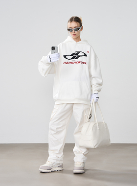 【施展】harsh and cruel 基础撞色刺绣LOGO宽松休闲情侣连帽卫衣