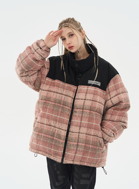 harsh and cruel 基础街头宽松休闲定制小香风格纹拼接立领棉服