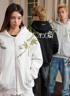 harsh and cruel新中式花卉绿花环过肩绕领刺绣连帽开衫抓绒卫衣