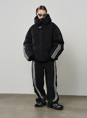 harsh and cruel 美式复古街头感条纹撞色拼接连帽面包棉服外套