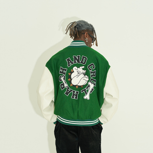 harshandcruel 美式拼接皮袖沙皮狗环形字母骨头刺绣棒球服夹克