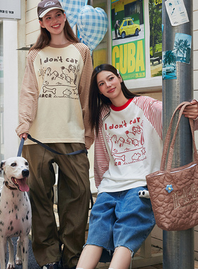 HACR手绘小狗插肩袖长袖t恤 早秋国潮牌宽松慵懒感情侣装t恤男女