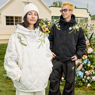 harshandcruel新中式过肩绕领绿花环葫芦绗缝连帽轻薄羽绒服外套