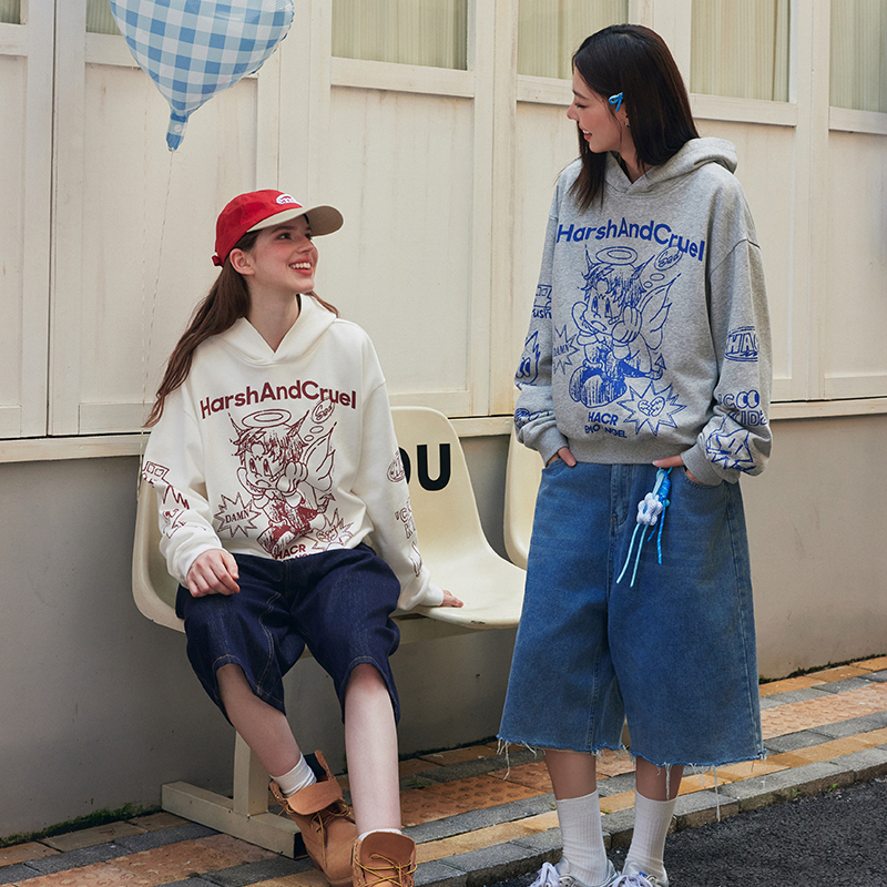 HACR手绘小天使印花连帽卫衣 春秋装宽松国潮潮流街头感情侣帽衫