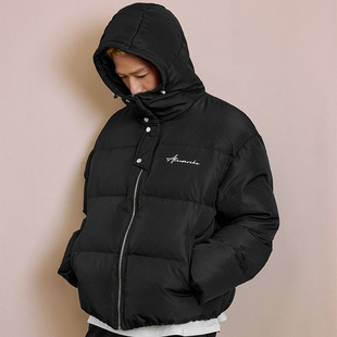 harshandcruel基础文字刺绣防风连帽可调节保暖羽绒服夹克外套