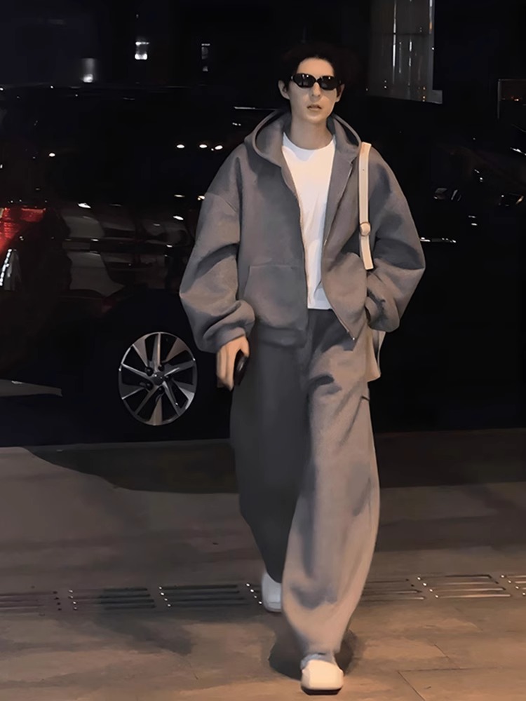 Goomillee经典重量级男式连帽运动衫2025秋冬休闲运动套装一对开