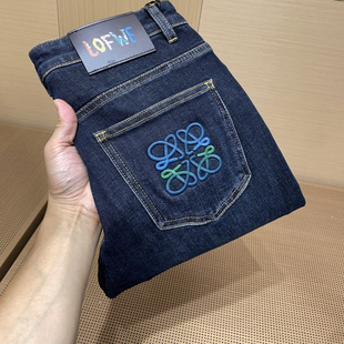 秋冬新款深蓝色弹力牛仔裤男士欧美风潮牌水洗修身小直筒休闲裤子