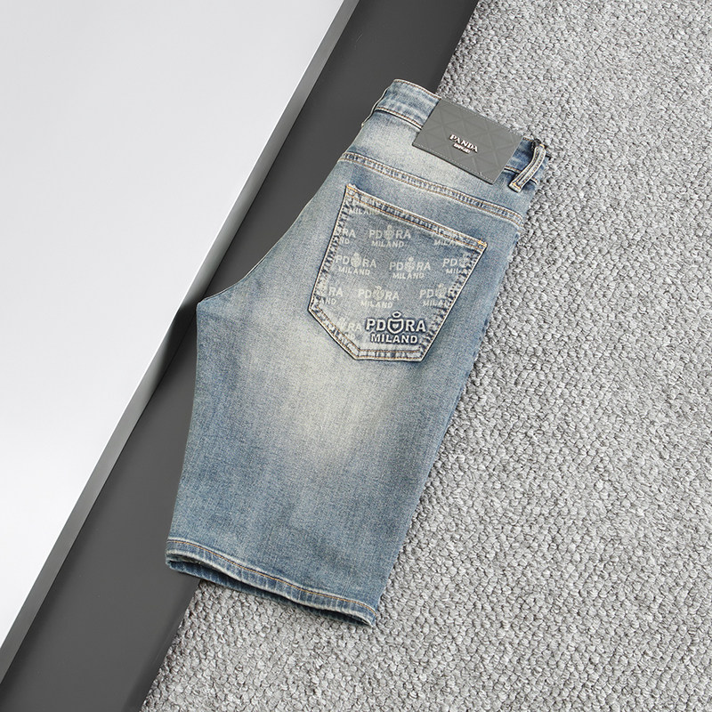 夏季薄款浅蓝色牛仔短裤男士欧货修身小直筒弹力中裤百搭五分裤子