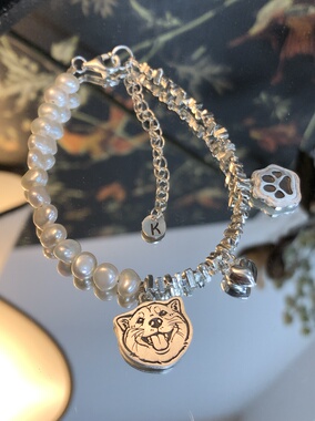 纯银定制珍珠手链diy原创设计手工制作宠物纪念吊坠手链刻字礼物