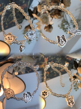 999纯银宠物猪鼻手链猫咪狗狗头像全身可爱图案定制吊坠手链