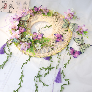 紫色仿真花斗笠汉服写真道具配饰流苏吊穗竹笠新中式蝴蝶簪花帷帽