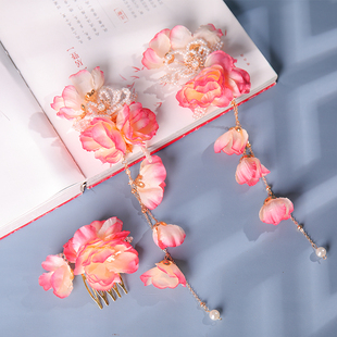 古风绢花头饰套装汉服珍珠流苏花朵发夹古装配饰夹子踏青赏樱头花