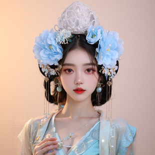 宋制发冠花朵发夹套装古风簪花流苏对夹汉服头饰新中式写真发饰女