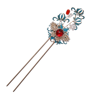 汉服头饰套装重工烧蓝珍珠发簪古典点翠簪子发饰明制古风发夹一套