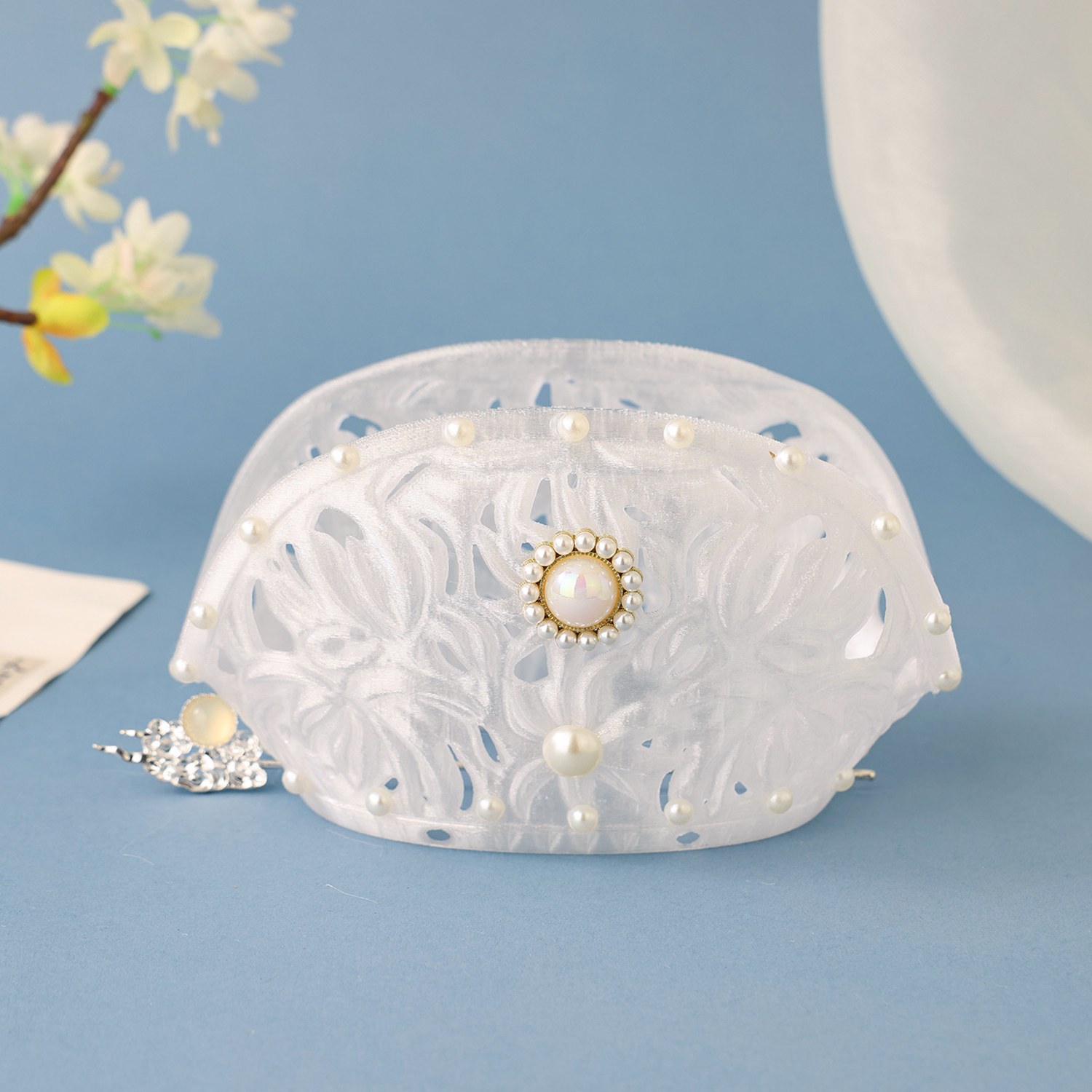 法韩莎【霜白】古风发冠宋制镂空莲花冠汉服头饰仿珍珠头冠发饰女