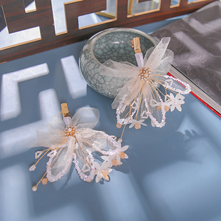 古风发夹仙美绢纱花朵对夹手工水晶边夹古装配饰春季踏青汉服头饰