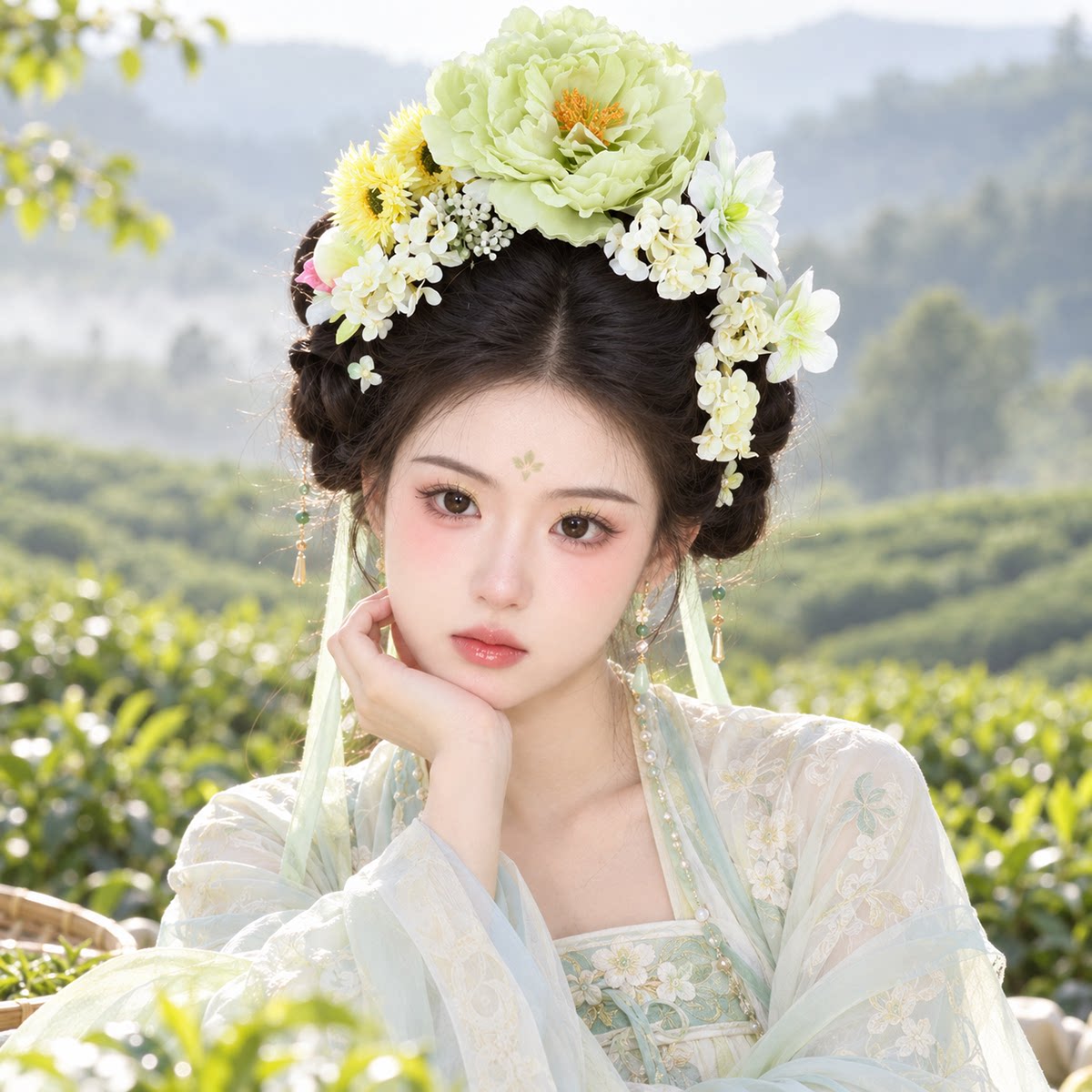 古风绢花发夹套装绿色唐风头花