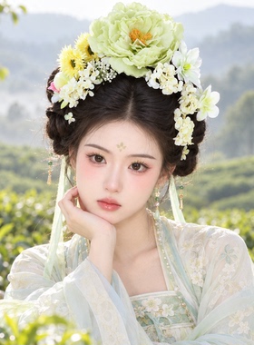 古风绢花发夹套装绿色唐风头花