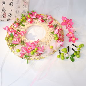 簪花斗笠古风仿真花发夹竹笠套装