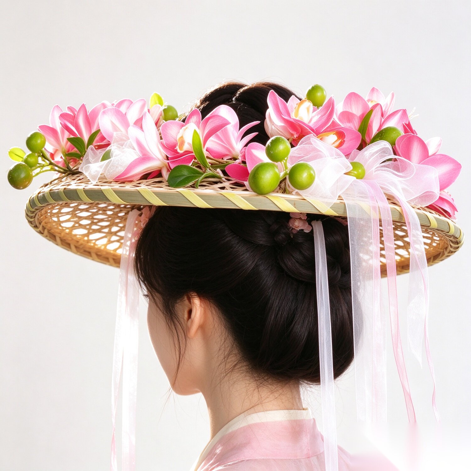 簪花斗笠新中式仿真花发夹竹笠套装汉服写真造型头饰仙气古风帷帽