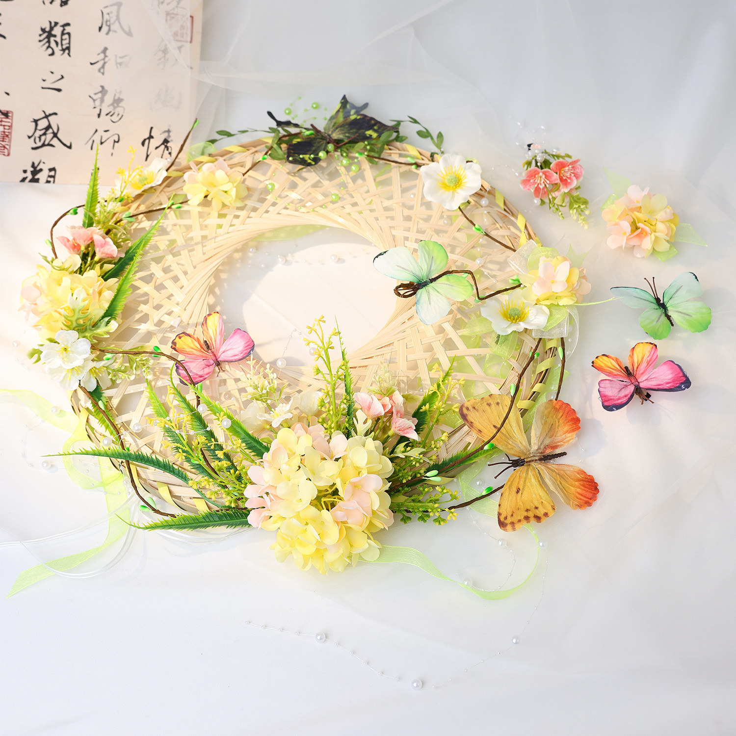 新中式簪花发夹斗笠套装古风仿真花斗笠汉服写真拍照道具古装竹笠