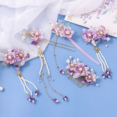 汉服头饰紫色花朵发簪插梳套装