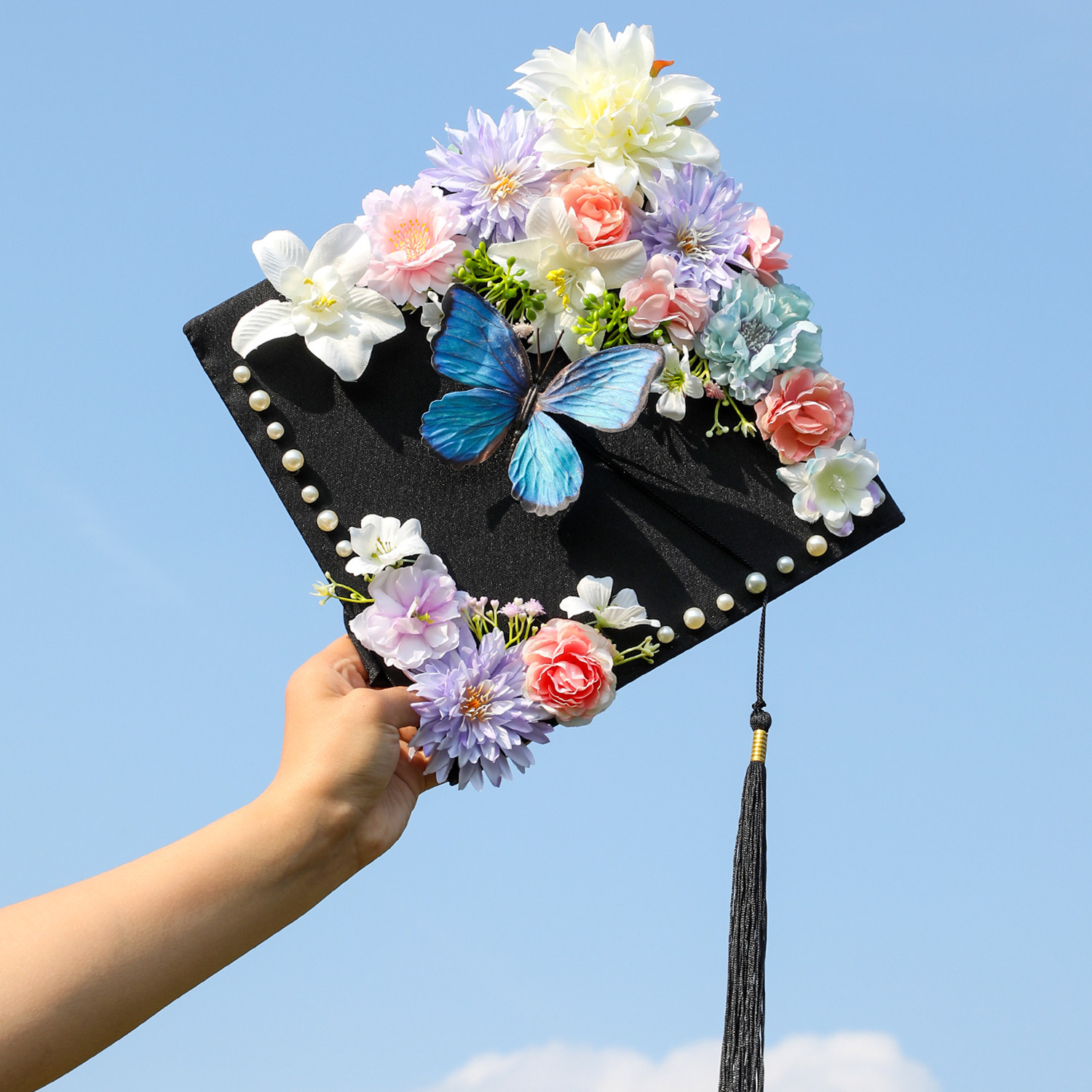 成品簪花学士帽硕士大学生毕业拍照头饰仿真花写真道具新中式发饰