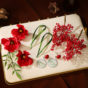 法韩莎新中式发饰仿真花发簪耳环套装古风簪花红色晨袍敬酒服头饰