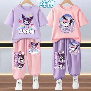 2026新款库洛米卡通女童纯棉两件套夏季短袖T恤长裤休闲运动套装