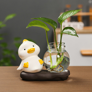 绿萝水养玻璃花器水培器皿玄关装 饰品陶瓷小黄鸭小熊猫水培摆件