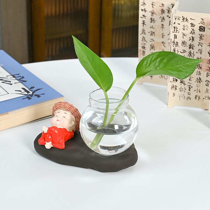 创意玻璃摆件小和尚花器家居装饰品茶桌绿萝花插花瓶陶瓷水培容器