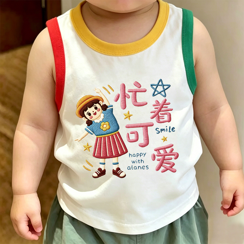 2026圆领夏季新款背心可爱男童女童潮流舒适趣味纯棉无袖T恤短袖