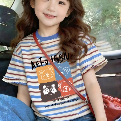 条纹2026洋气纯棉印花T恤夏季时尚中小童短袖新款卡通可爱上衣潮
